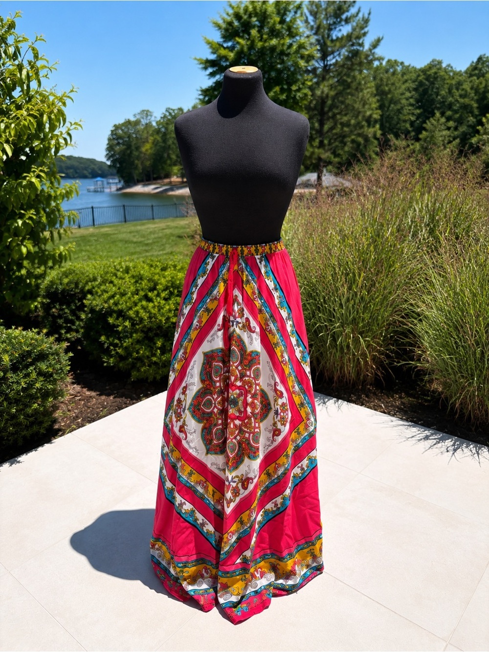 Vintage Inspired Lucky & Coco Scarf Print Maxi Skirt Pink Boho Festival Medium